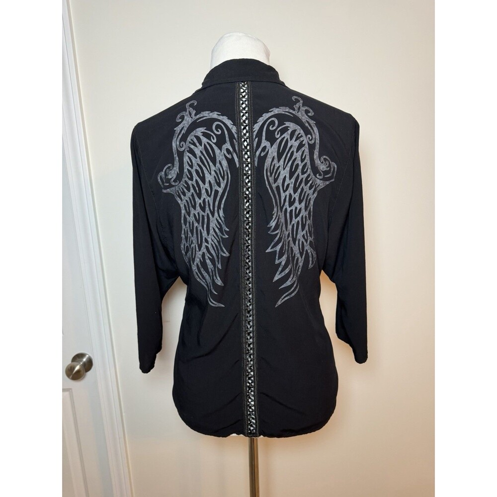 Harley Davidson Women’s M Button Up Shirt 3/4 Sleeves Ribbon Detail Angel Wings - Picture 5 of 15